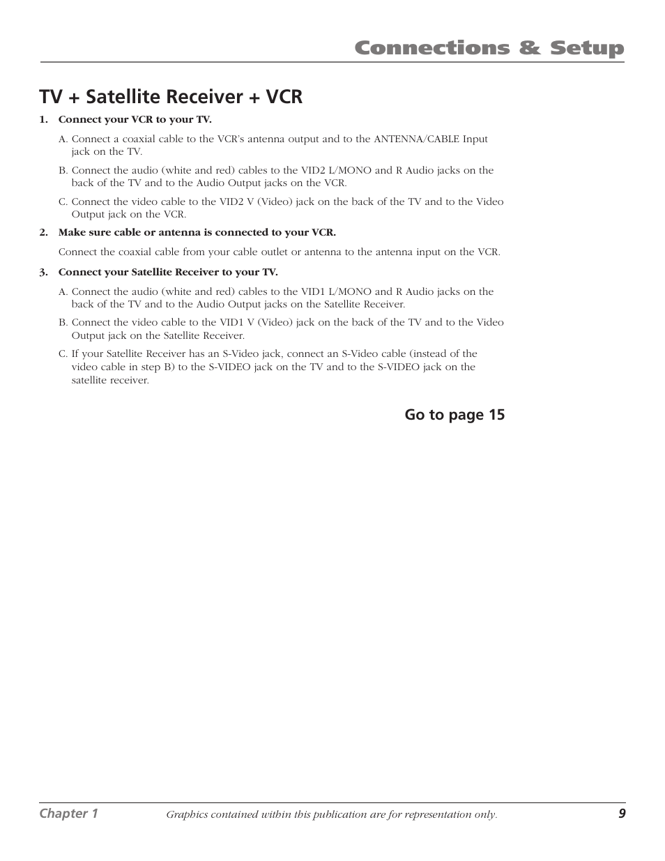Connections & setup, Tv + satellite receiver + vcr, Go to page 15 | RCA 1622254A User Manual | Page 11 / 48