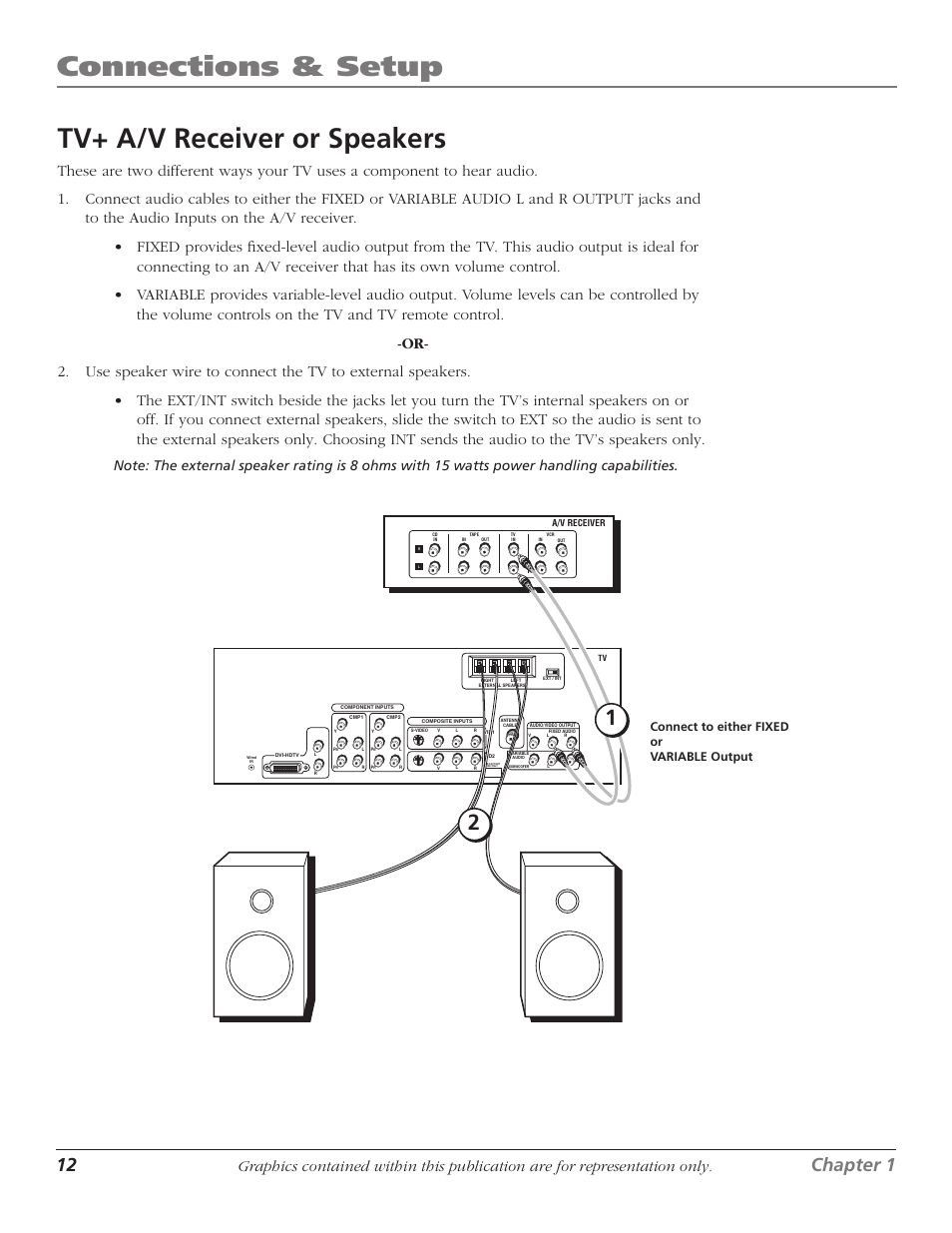 Connections & setup, Tv+ a/v receiver or speakers, 12 chapter 1 | Chapter 1 13, Connect to either fixed or variable output | RCA 1622254A User Manual | Page 14 / 48