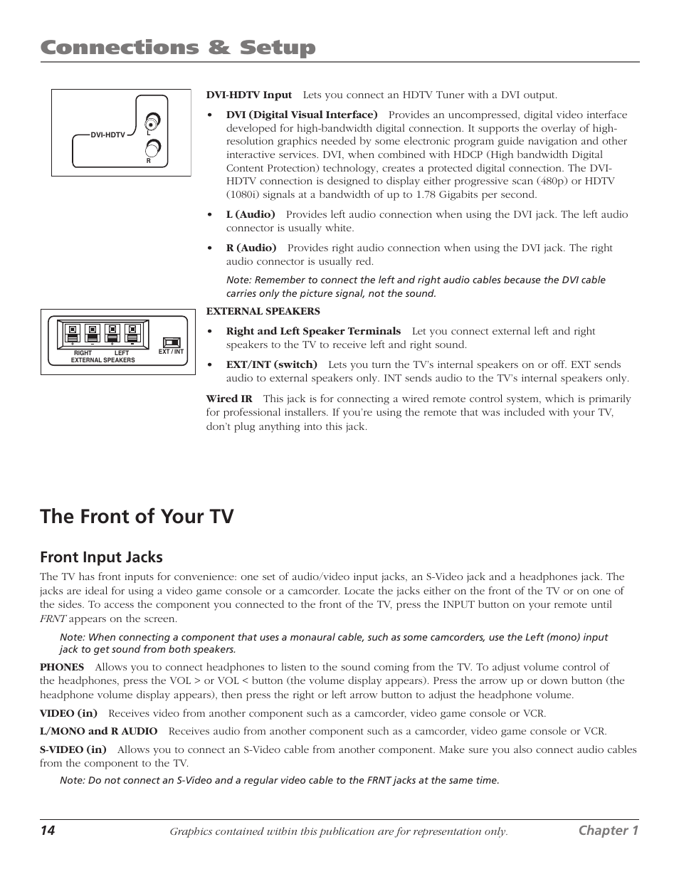 Connections & setup, The front of your tv, Front input jacks | RCA 1622254A User Manual | Page 16 / 48