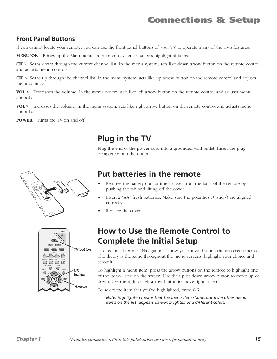 Connections & setup, Plug in the tv, Put batteries in the remote | Front panel buttons | RCA 1622254A User Manual | Page 17 / 48