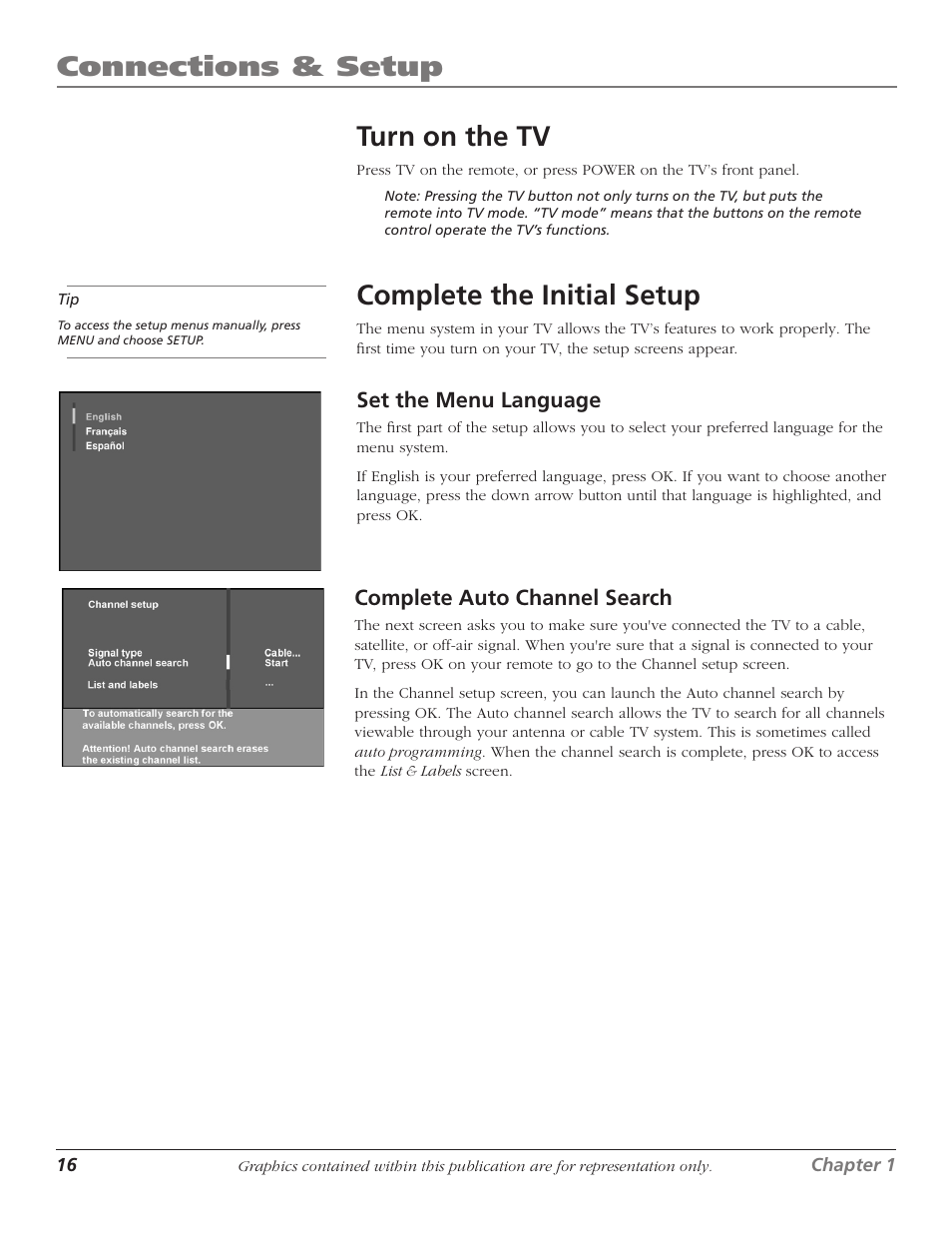 Connections & setup, Turn on the tv, Complete the initial setup | RCA 1622254A User Manual | Page 18 / 48