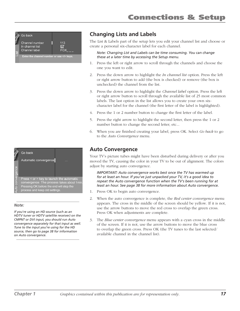 Connections & setup, Changing lists and labels, Auto convergence | RCA 1622254A User Manual | Page 19 / 48