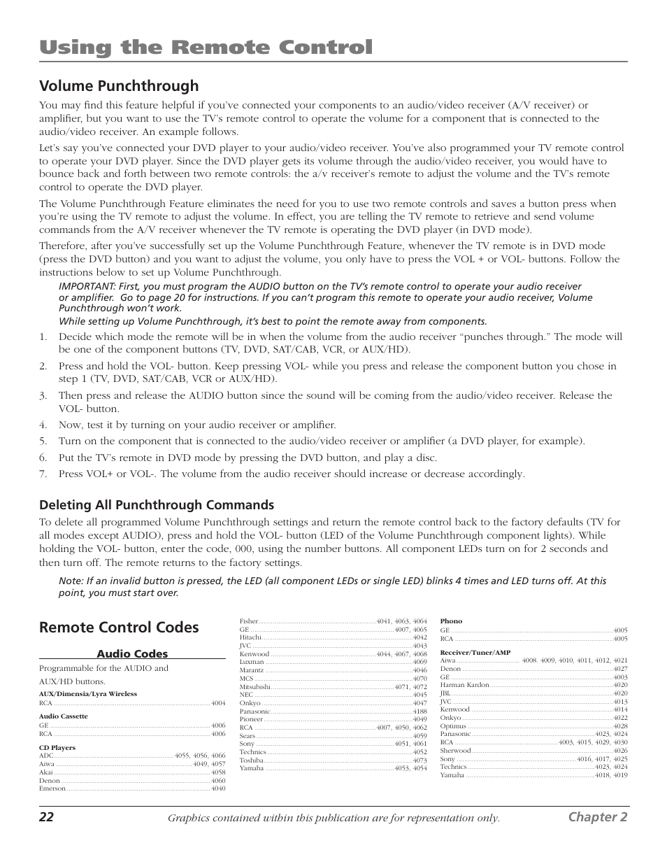 Using the remote control, Volume punchthrough, Remote control codes | RCA 1622254A User Manual | Page 24 / 48