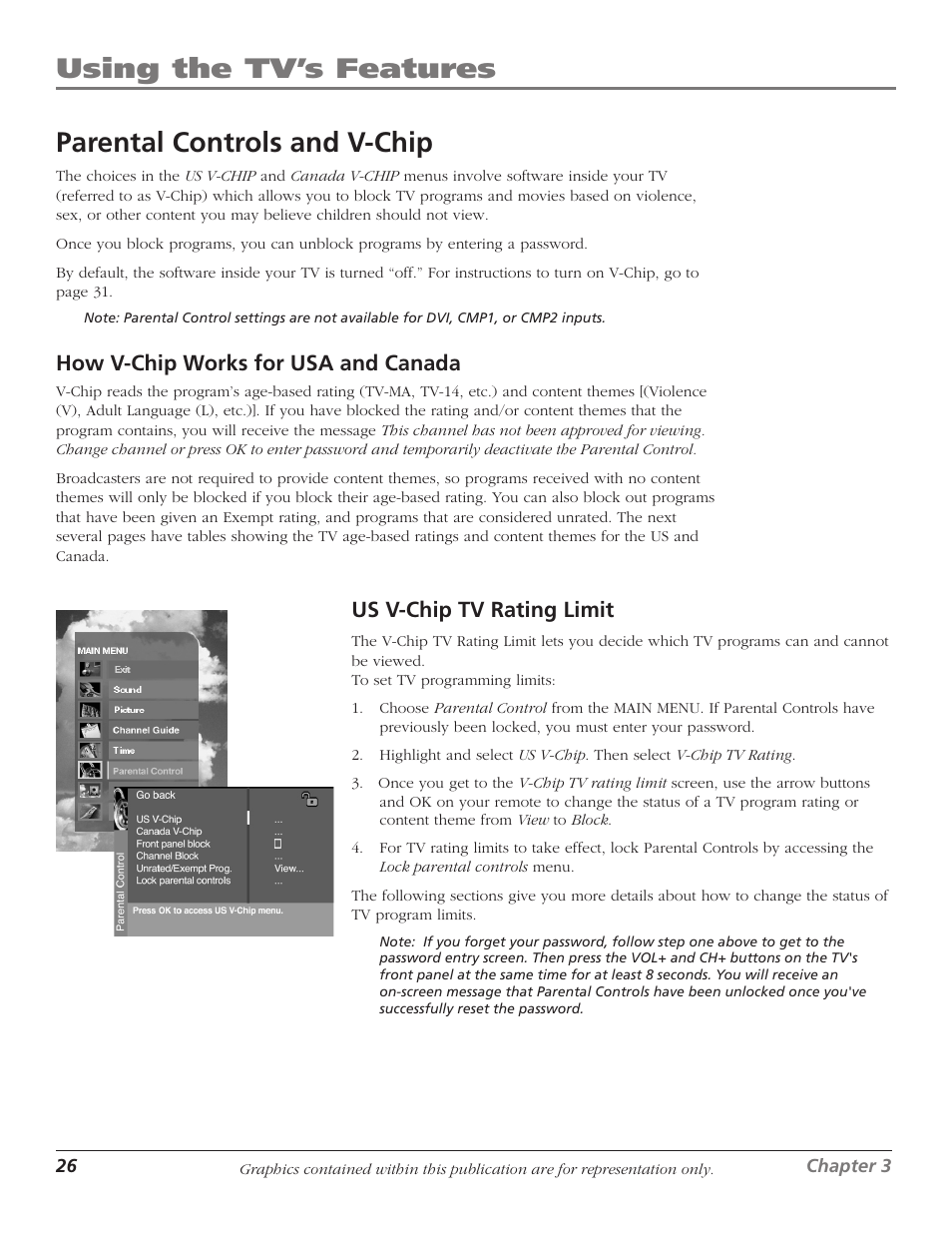 Using the tv’s features, Parental controls and v-chip, How v-chip works for usa and canada | Us v-chip tv rating limit | RCA 1622254A User Manual | Page 28 / 48