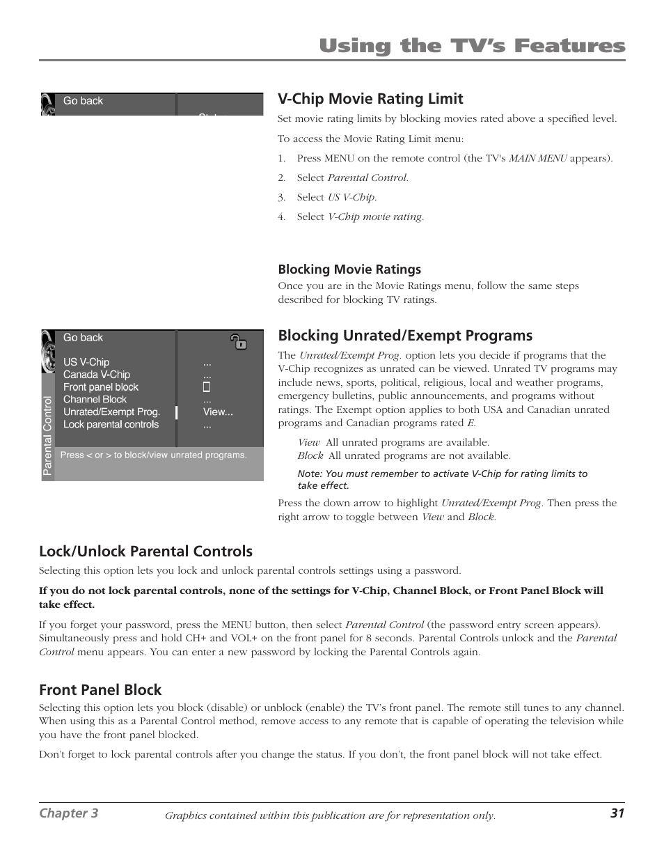 Using the tv’s features, V-chip movie rating limit, Blocking unrated/exempt programs | Lock/unlock parental controls, Front panel block | RCA 1622254A User Manual | Page 33 / 48