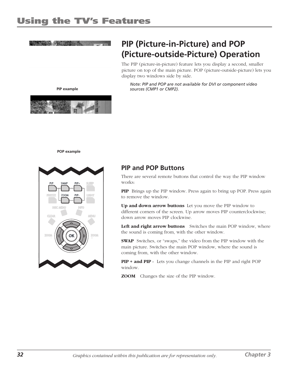 Using the tv’s features, Pip and pop buttons | RCA 1622254A User Manual | Page 34 / 48