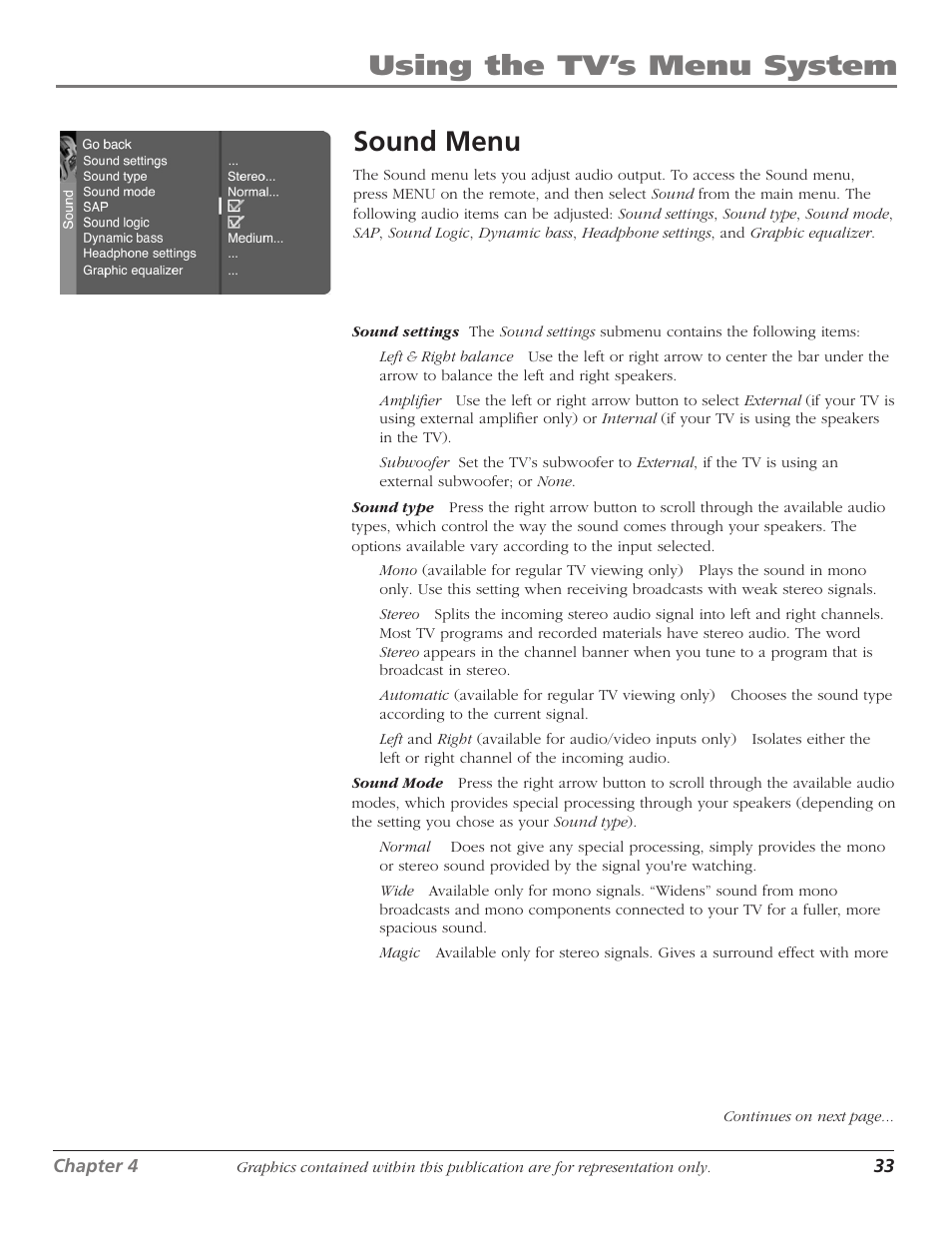 Using the tv’s menu system, Sound menu | RCA 1622254A User Manual | Page 35 / 48