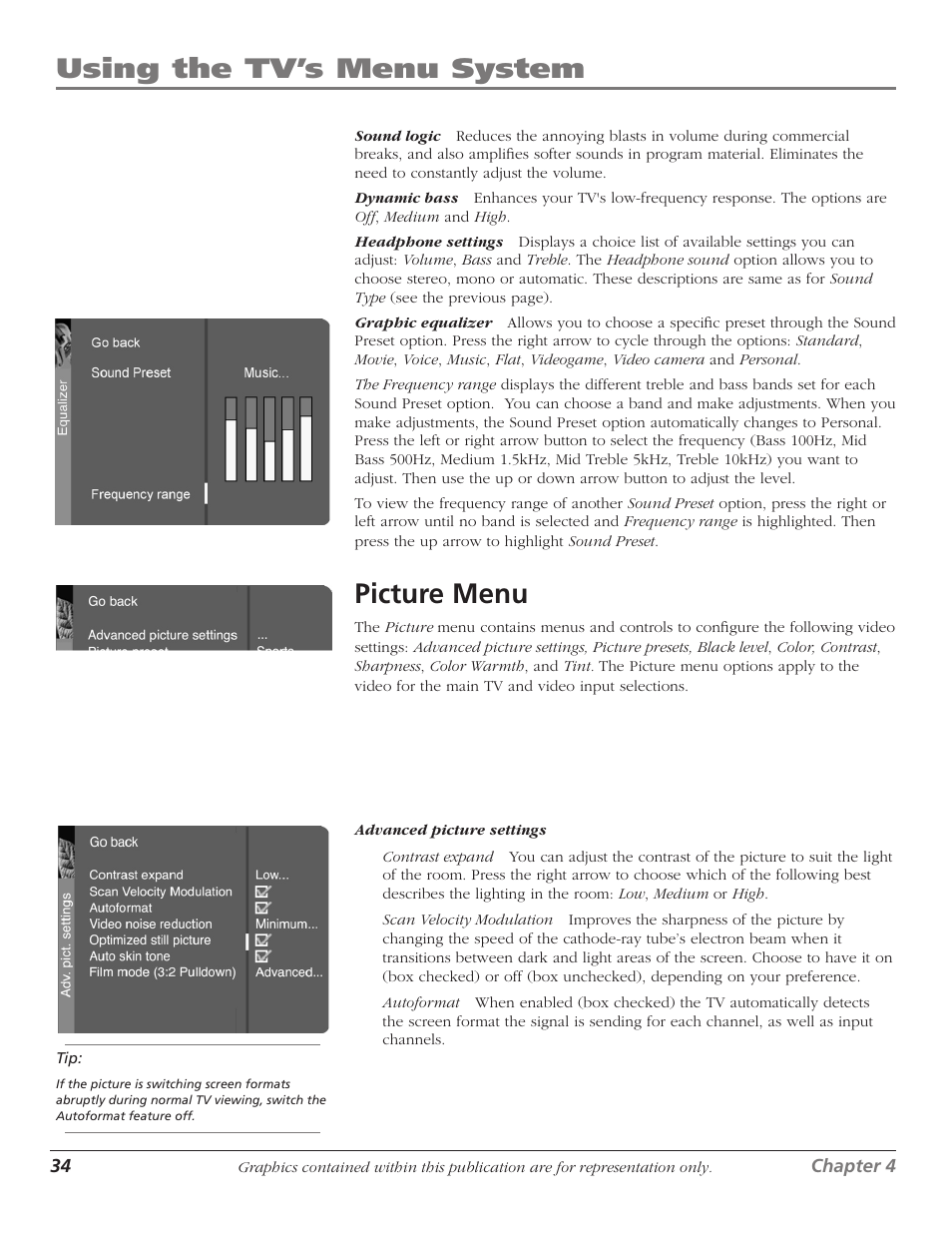 Using the tv’s menu system, Picture menu | RCA 1622254A User Manual | Page 36 / 48