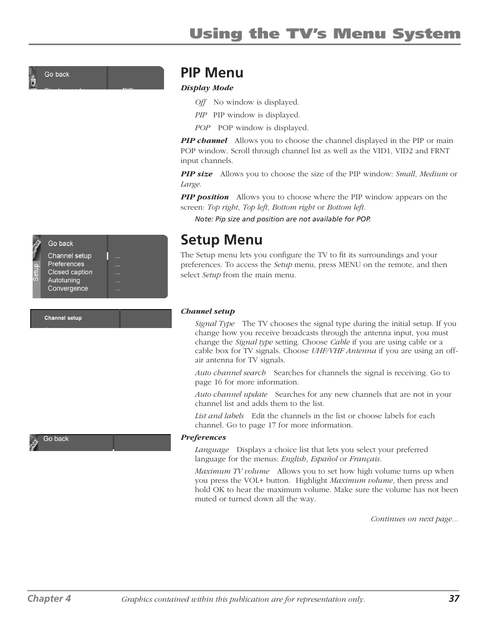 Using the tv’s menu system, Pip menu, Setup menu | RCA 1622254A User Manual | Page 39 / 48