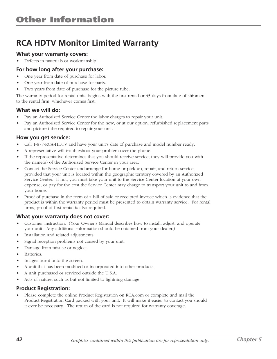 Other information, Rca hdtv monitor limited warranty | RCA 1622254A User Manual | Page 44 / 48