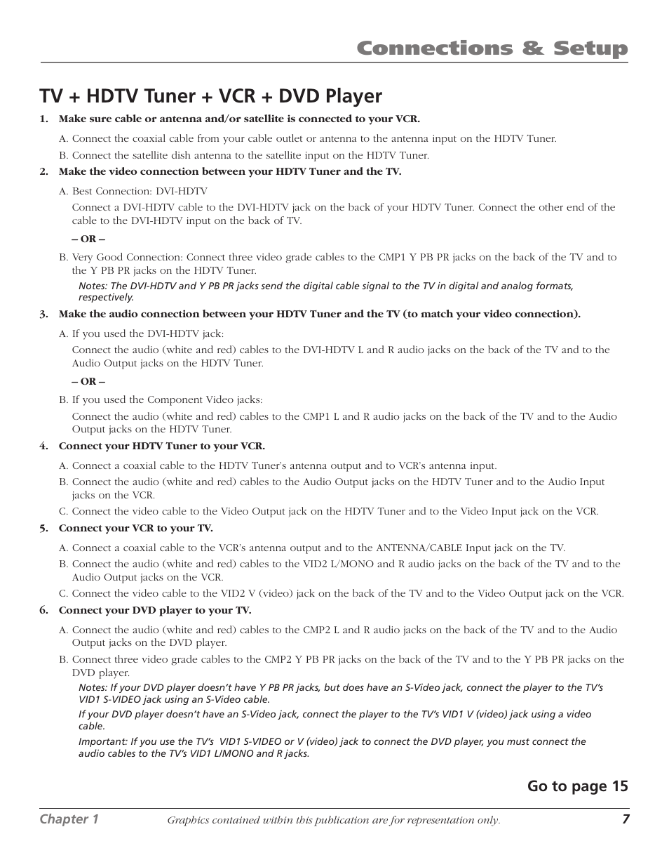 Connections & setup, Tv + hdtv tuner + vcr + dvd player, Go to page 15 | RCA 1622254A User Manual | Page 9 / 48