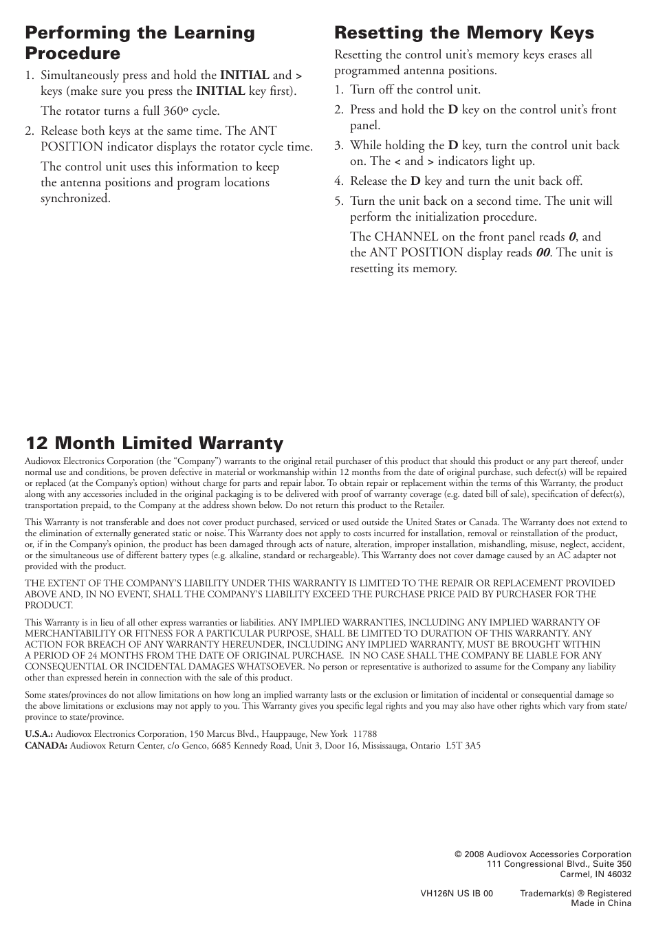 Performing the learning procedure, 12 month limited warranty | RCA VH126N User Manual | Page 4 / 5