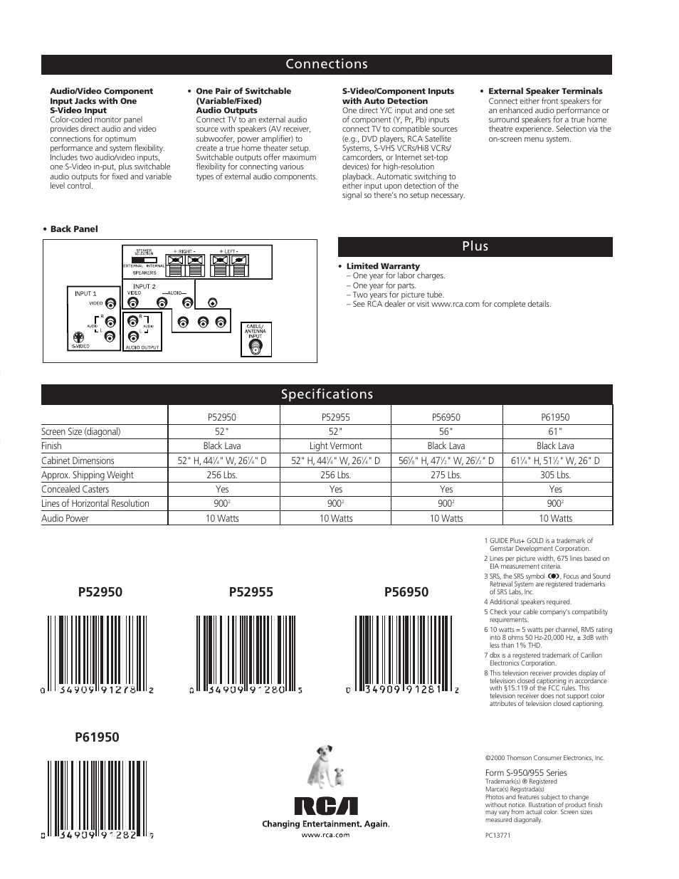 Te levi s io n, Connections specifications | RCA P61950 User Manual | Page 4 / 4