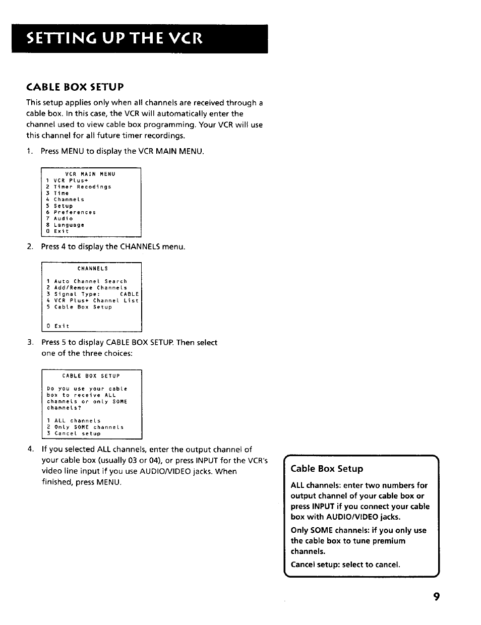 Settinci up the vcr, Cable box setup | RCA VR634HF User Manual | Page 11 / 80