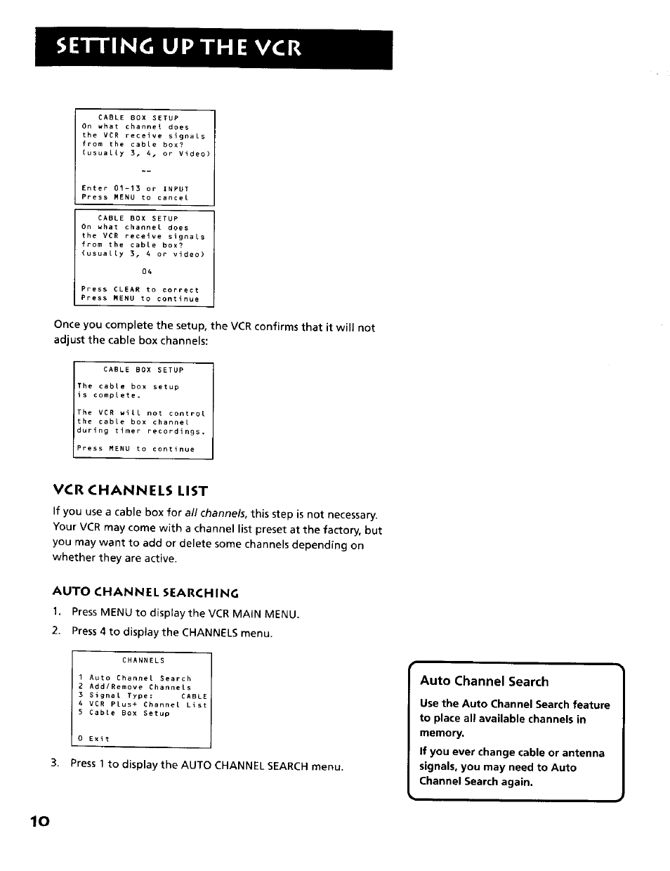 Vcr channels list, Auto channel searching, Auto channel search | RCA VR634HF User Manual | Page 12 / 80