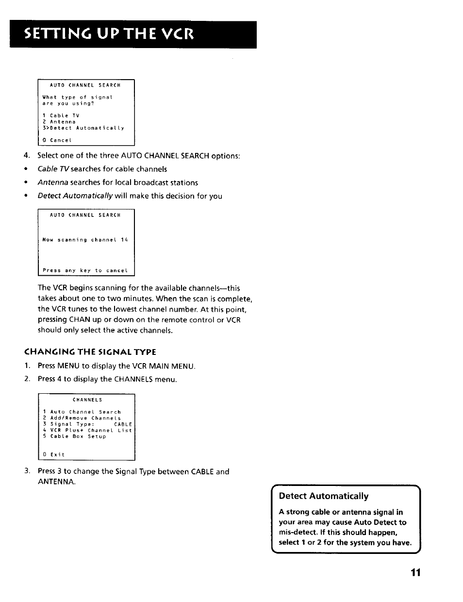 Setting up the vcr, Changing the signal type, Detect automatically | RCA VR634HF User Manual | Page 13 / 80