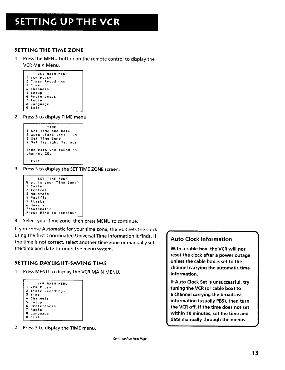 Setting up the vcr, Setting the time zone, Setting daylight-saving time | Auto clock information | RCA VR634HF User Manual | Page 15 / 80