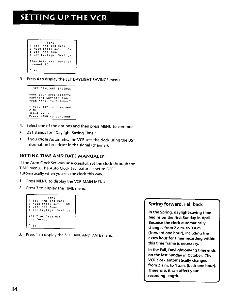 Settin6 up the vcr, Semno time and date manually, Spring forward. fall back | RCA VR634HF User Manual | Page 16 / 80