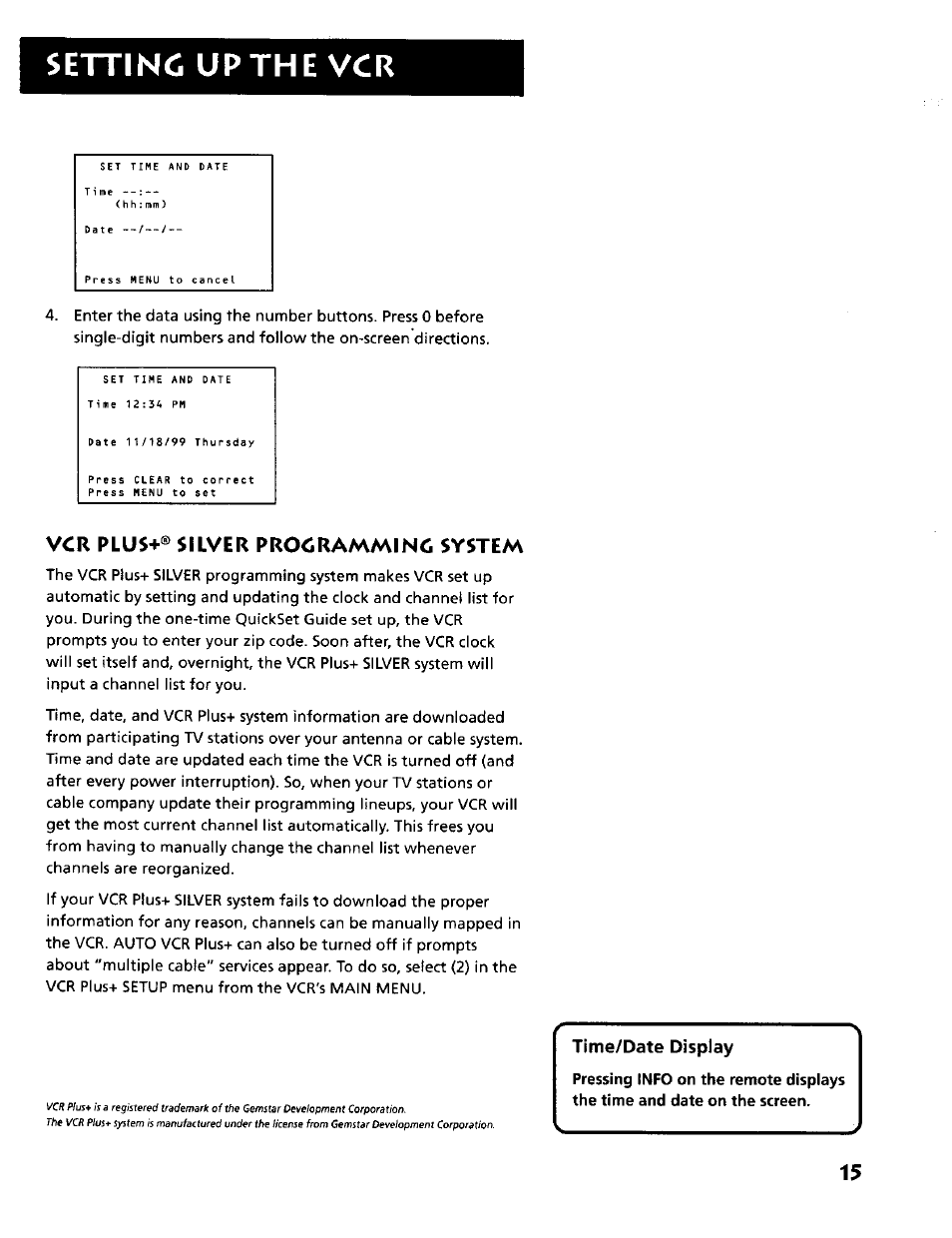 Settinc up the vcr, Vcr plus+® silver procramminc system, Time/date display | RCA VR634HF User Manual | Page 17 / 80