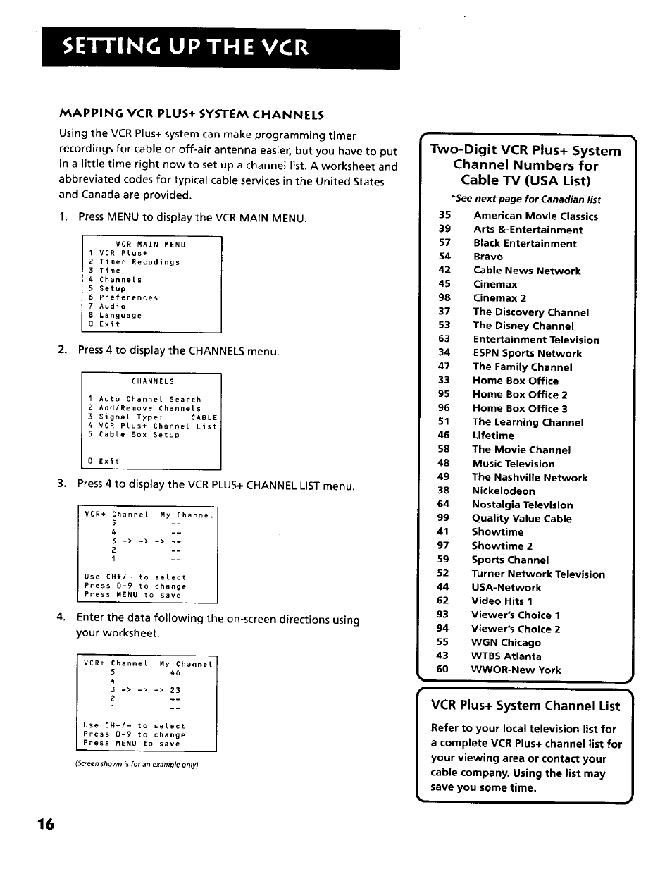 Setting upthe vcr, Mapping vcr plus+ system channels | RCA VR634HF User Manual | Page 18 / 80