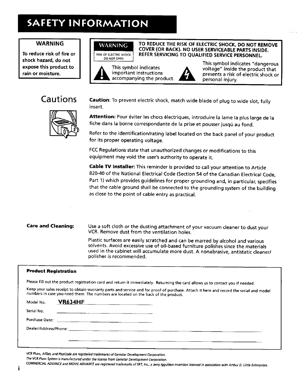 Warning, Vr634hf, Safety information | Cautions | RCA VR634HF User Manual | Page 2 / 80