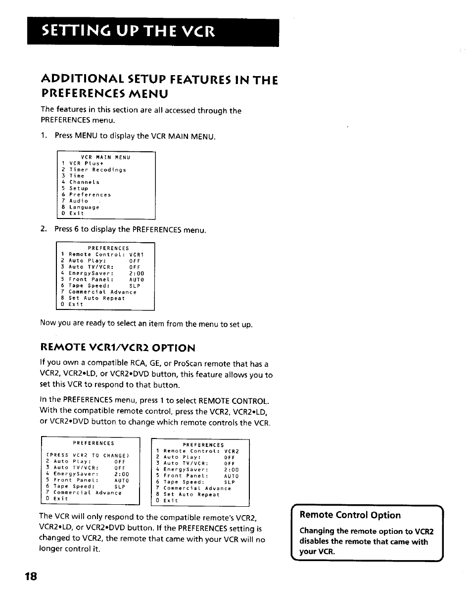 Additional setup features in the preferences menu, Setting up the vcr, Remote control option | Remote vcrl/vcri option | RCA VR634HF User Manual | Page 20 / 80