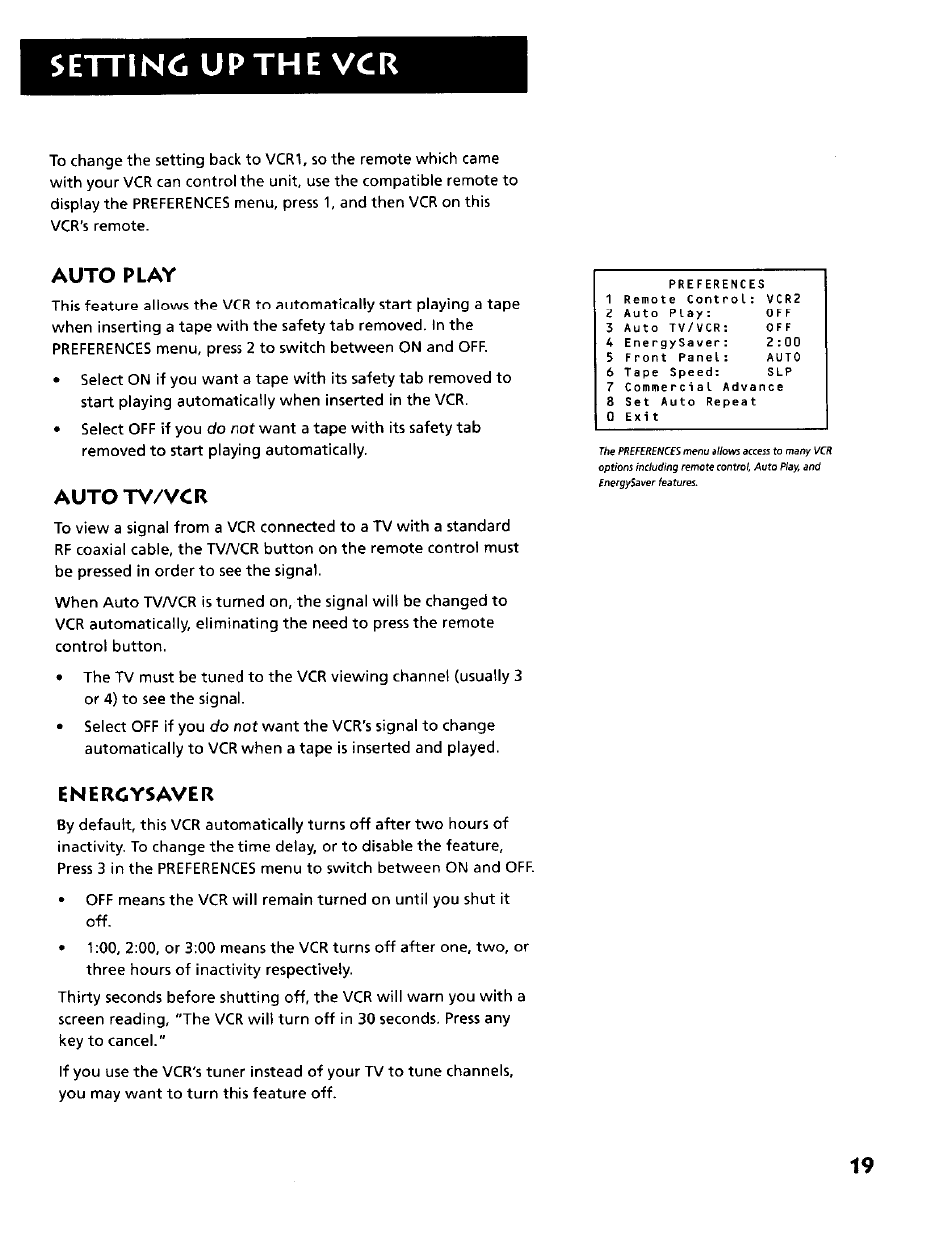 Settinc; up the vcr, Tv/vcr, Auto play | Auto, Enercysaver | RCA VR634HF User Manual | Page 21 / 80