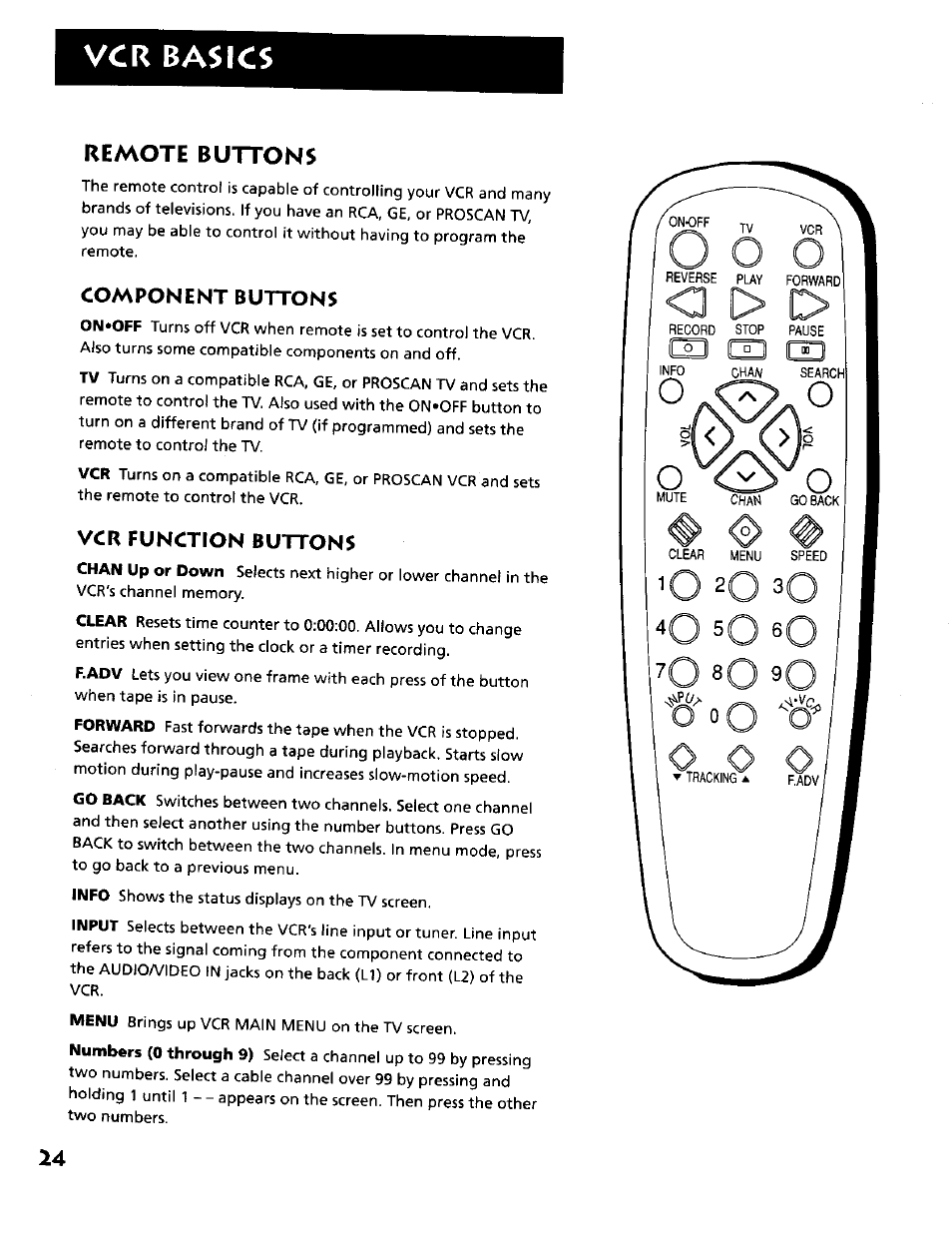 Remote buttons, Vcr basics, Component buttons | Vcr function buttons | RCA VR634HF User Manual | Page 26 / 80