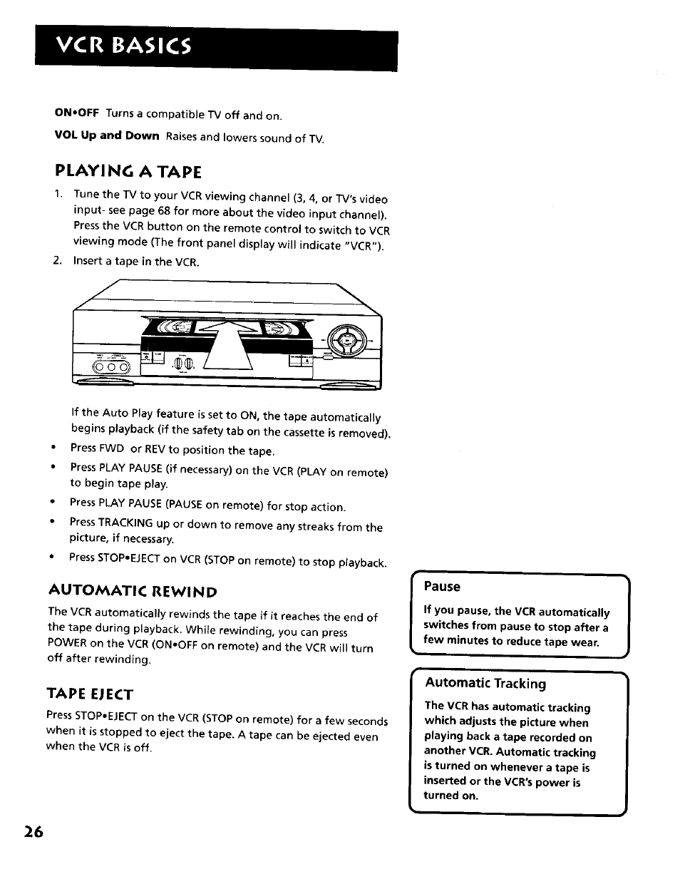 Playin6 atape, Playing a tape, Vcr basics | Automatic rewind, Tape eject | RCA VR634HF User Manual | Page 28 / 80