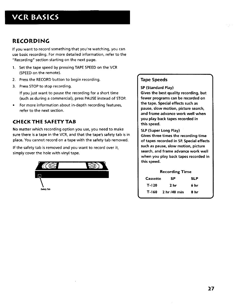 Recording, Vcr basics, Check the safety tab | RCA VR634HF User Manual | Page 29 / 80