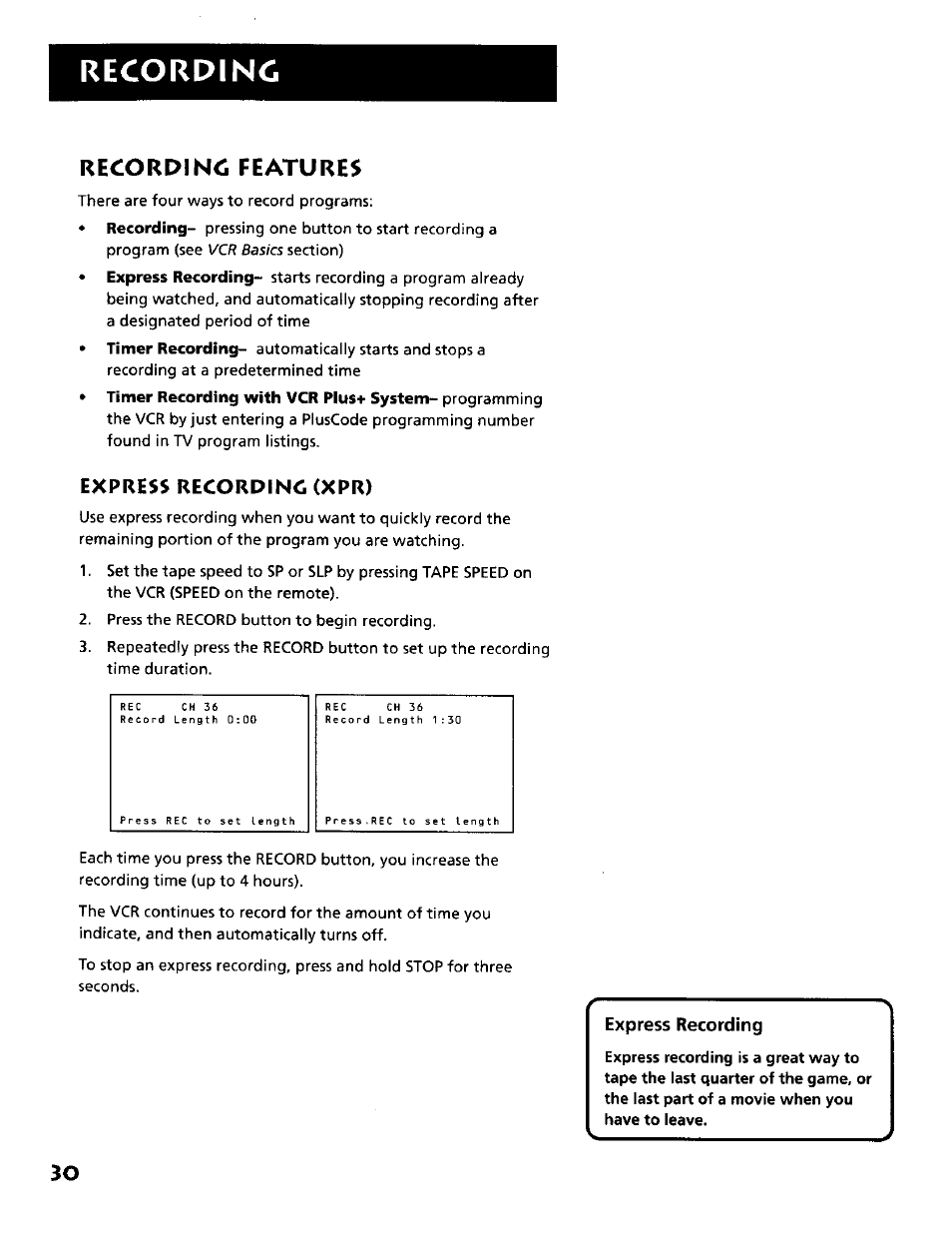 Recorpino features, Recording, Express recordinc (xpr) | Express recording | RCA VR634HF User Manual | Page 32 / 80