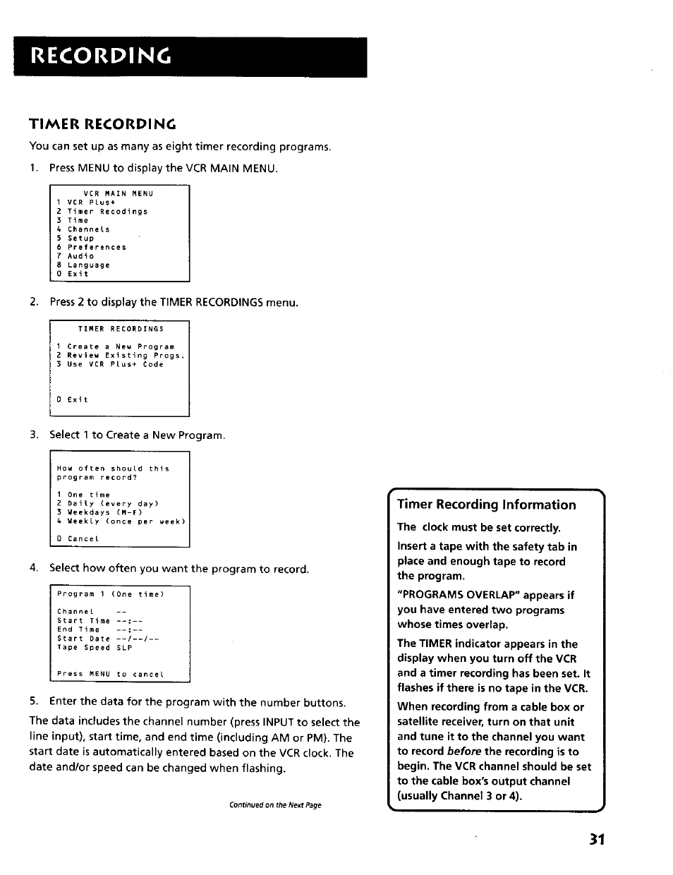 Recorpinc, Timer recording, Timer recording information | RCA VR634HF User Manual | Page 33 / 80