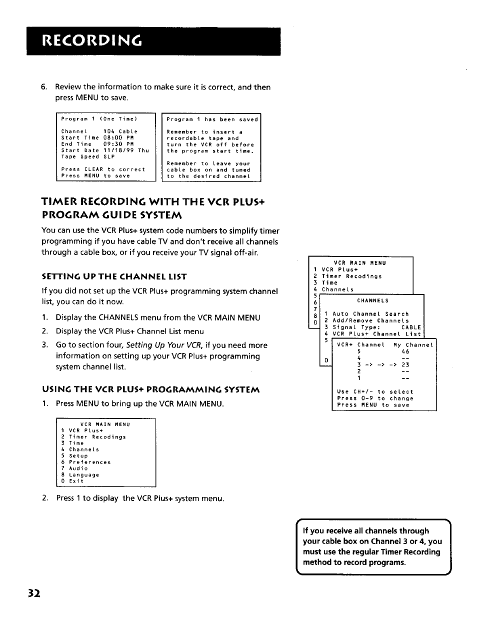 Recordinc, Setting up the channel list, Using the vcr plus+ programming system | RCA VR634HF User Manual | Page 34 / 80