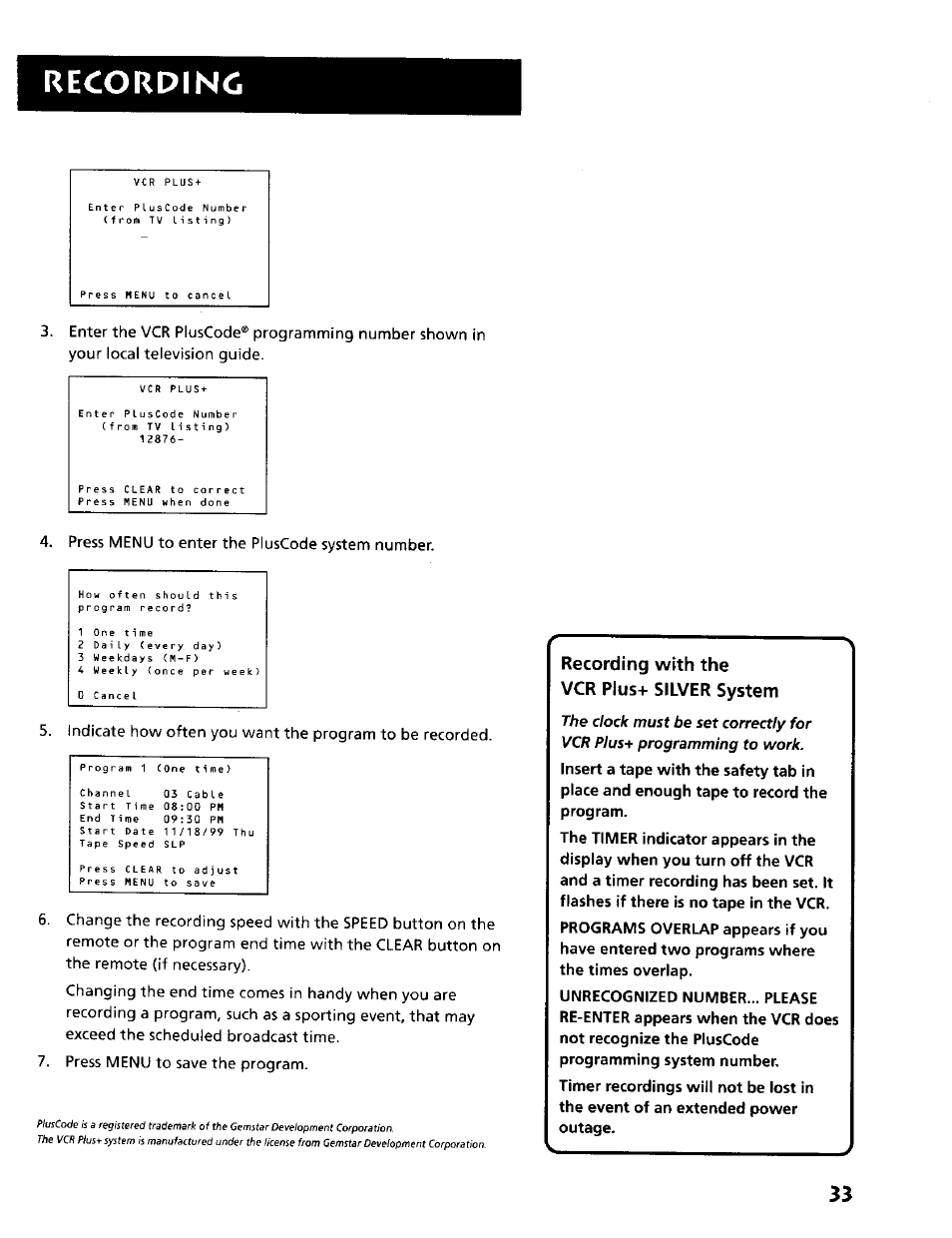 Recording, Recording with the vcr plus+ silver system | RCA VR634HF User Manual | Page 35 / 80