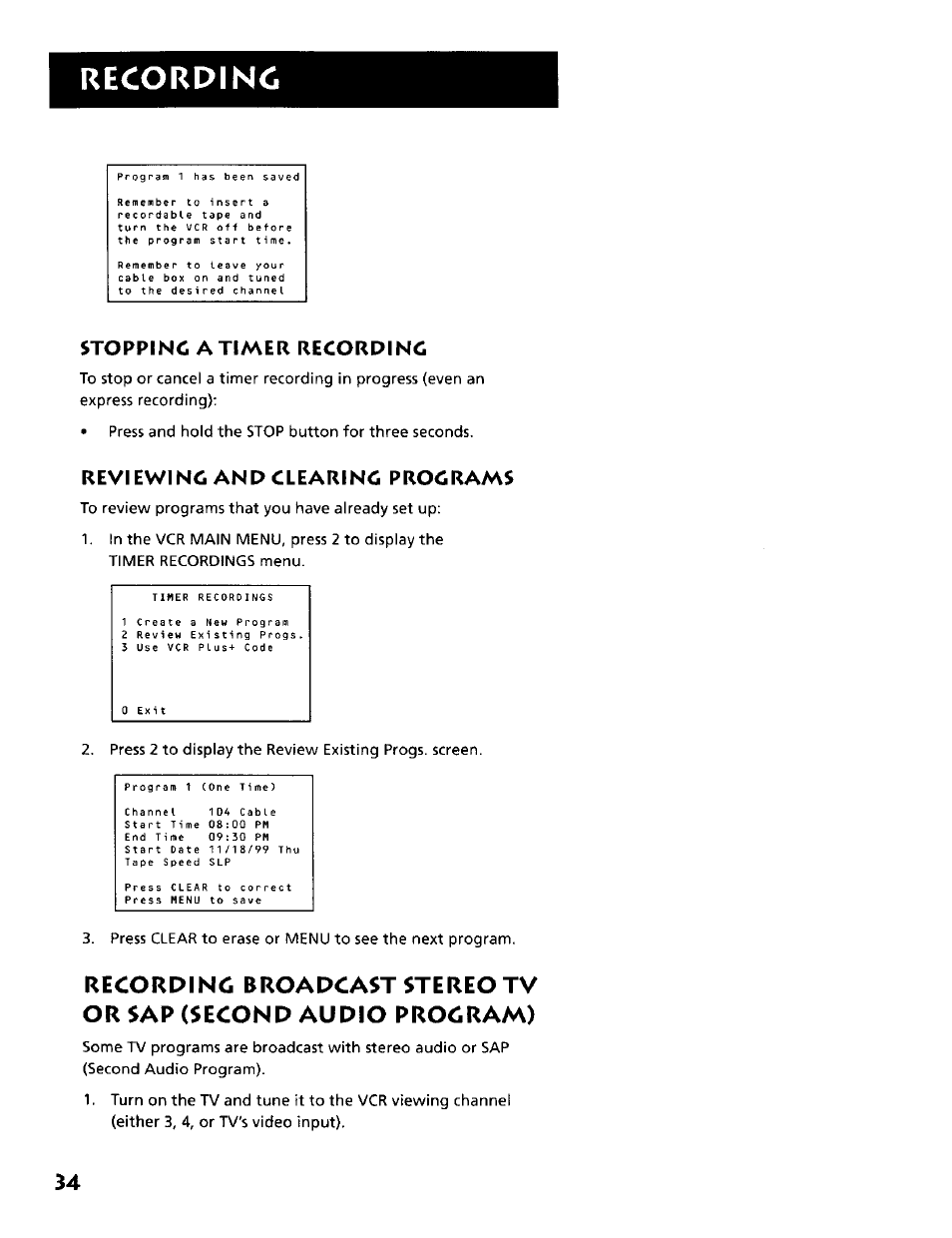 Recordinc, Stoppino atimer recorpinc, Reviewinc and clearing programs | RCA VR634HF User Manual | Page 36 / 80