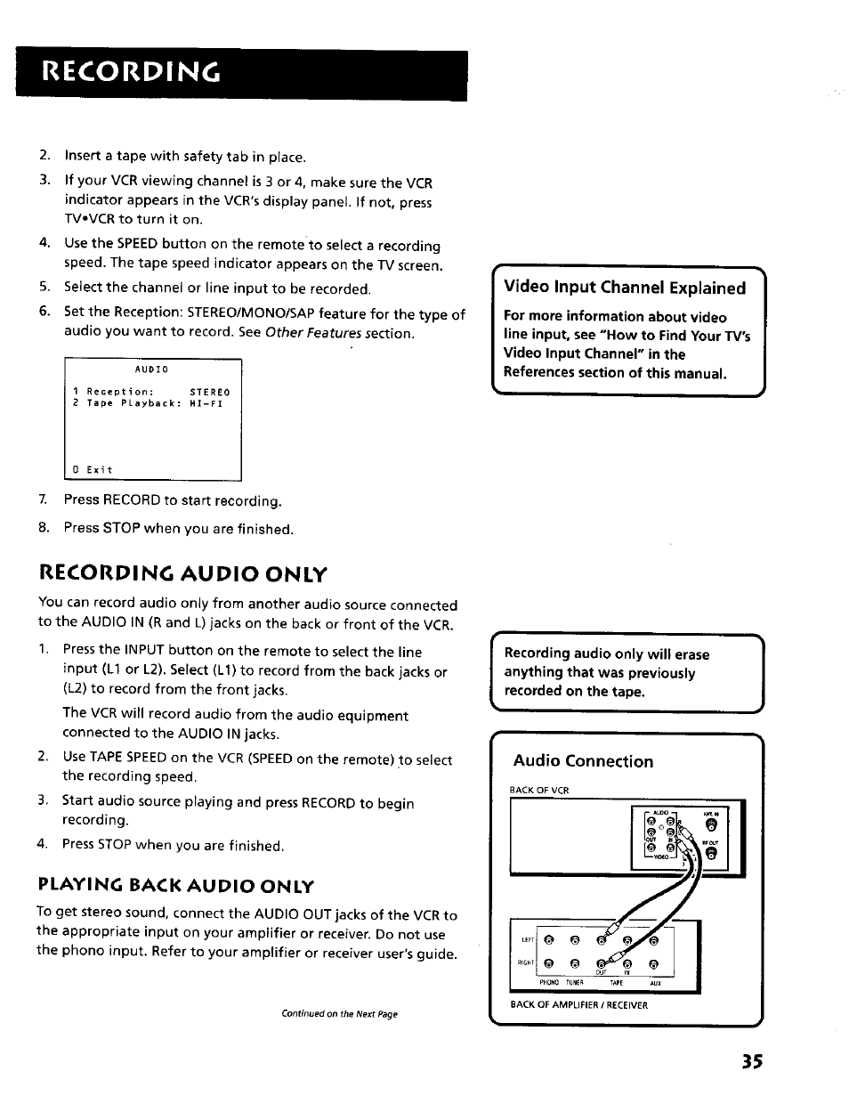 Recorpinc audio only, Recording audio only, Recording | Playing back audio only, Video input channel explained, Audio connection | RCA VR634HF User Manual | Page 37 / 80