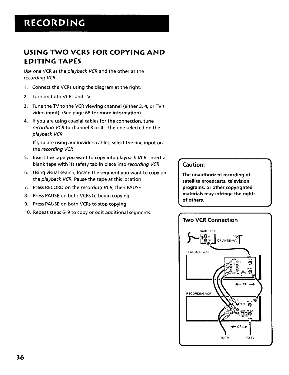 Usino two vcrs for copying and editing tapes, Recording | RCA VR634HF User Manual | Page 38 / 80