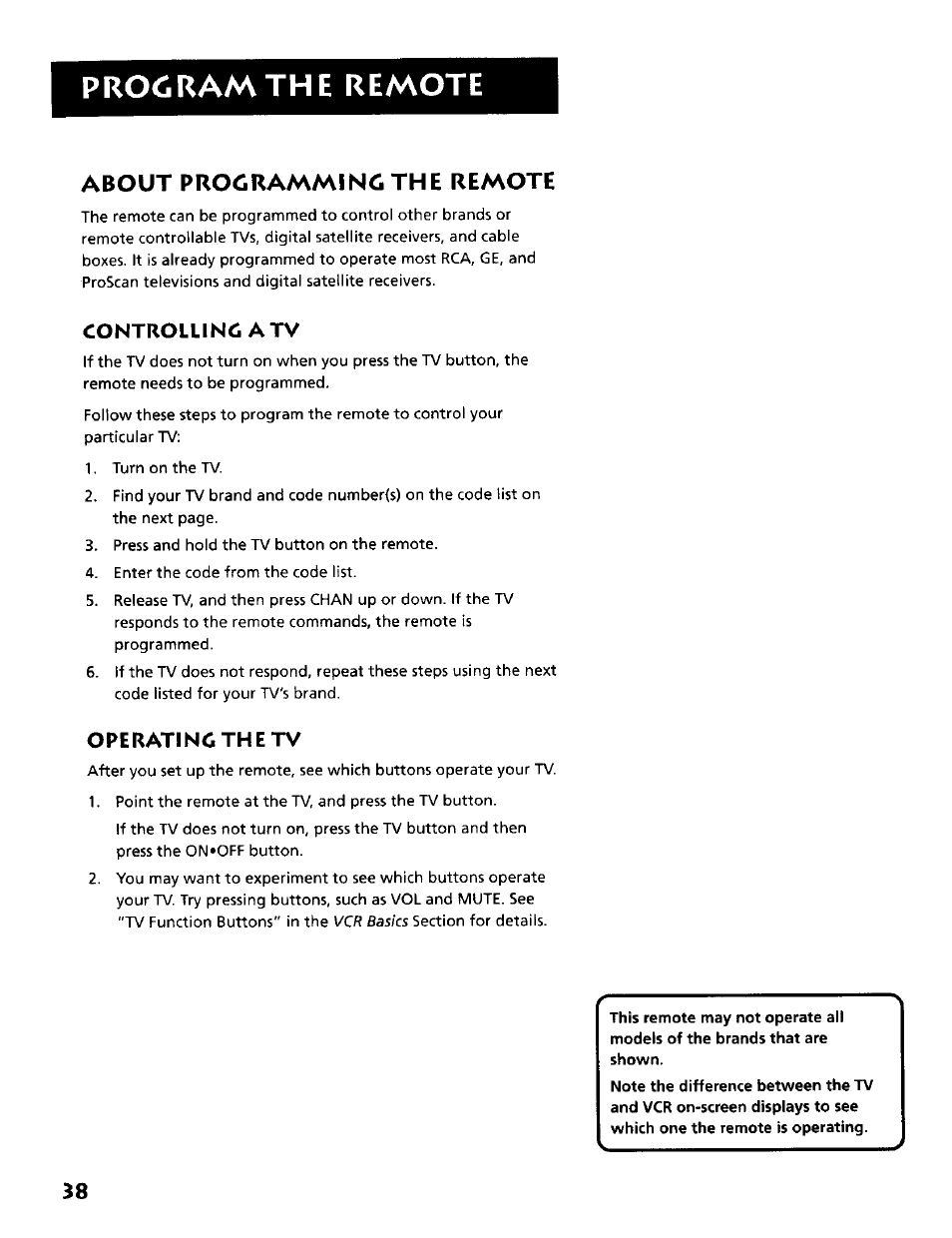 About programming the remote, Program the remote, Controlling a tv | Operating the tv | RCA VR634HF User Manual | Page 40 / 80