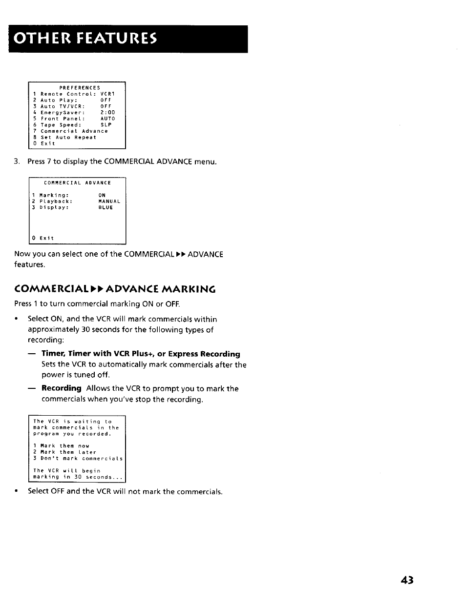 Other features, Commercials^ advance marking | RCA VR634HF User Manual | Page 45 / 80