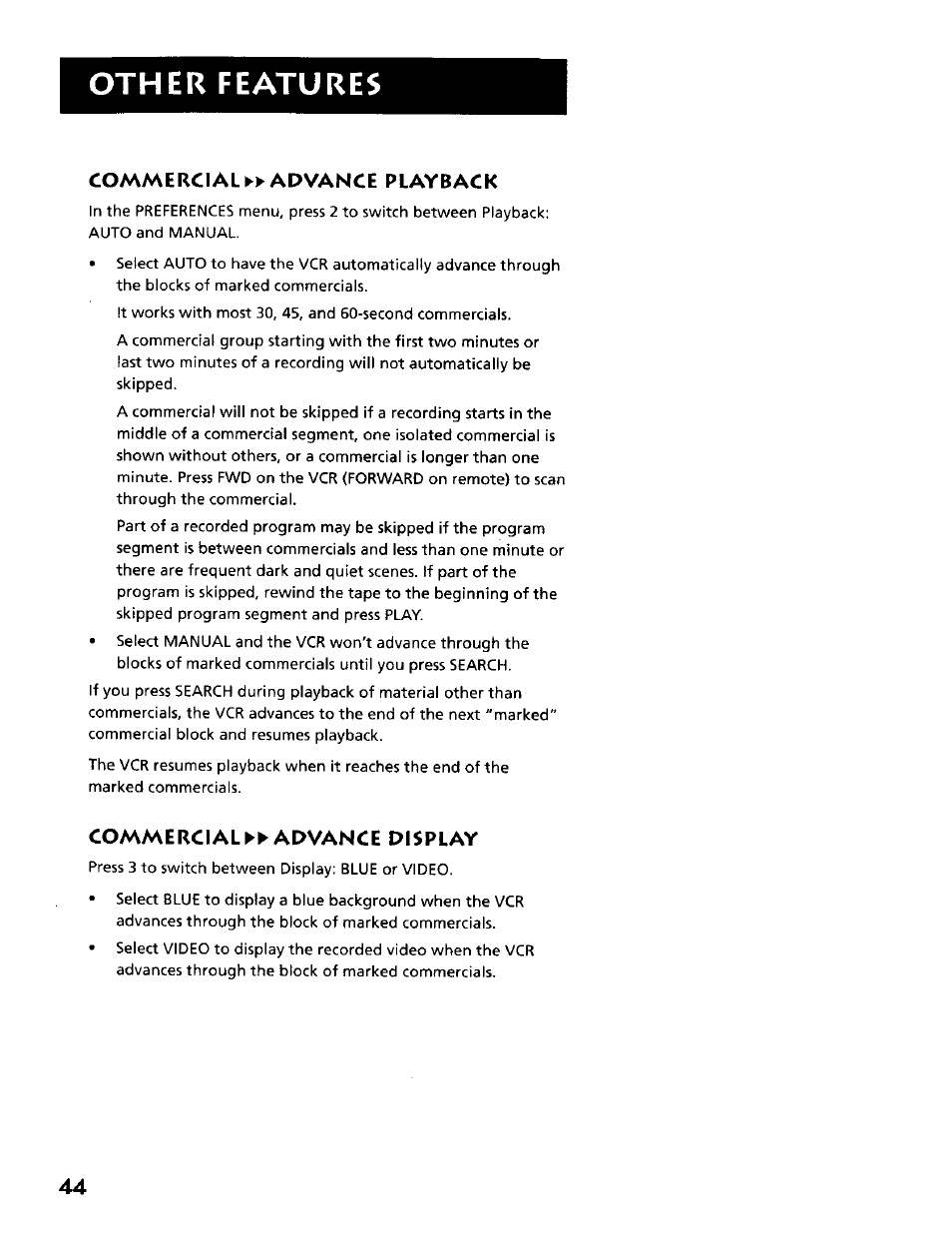 Other features, Commercial ►►advance playback, Commercial ►►advance display | RCA VR634HF User Manual | Page 46 / 80