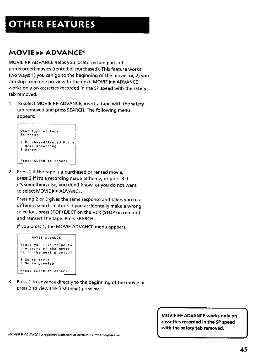 Movie ►►advance, Movie advance, Other features | RCA VR634HF User Manual | Page 47 / 80