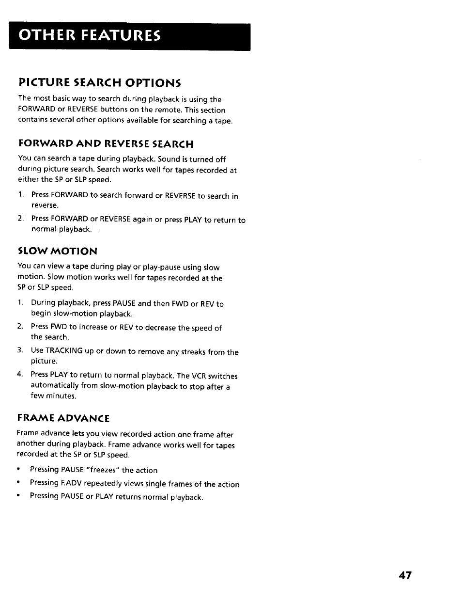 Picture search options, Other features, Forward and reverse search | Slow motion, Frame advance | RCA VR634HF User Manual | Page 49 / 80