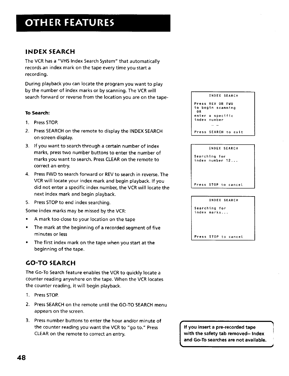 Other features, Index search, Co-to search | RCA VR634HF User Manual | Page 50 / 80