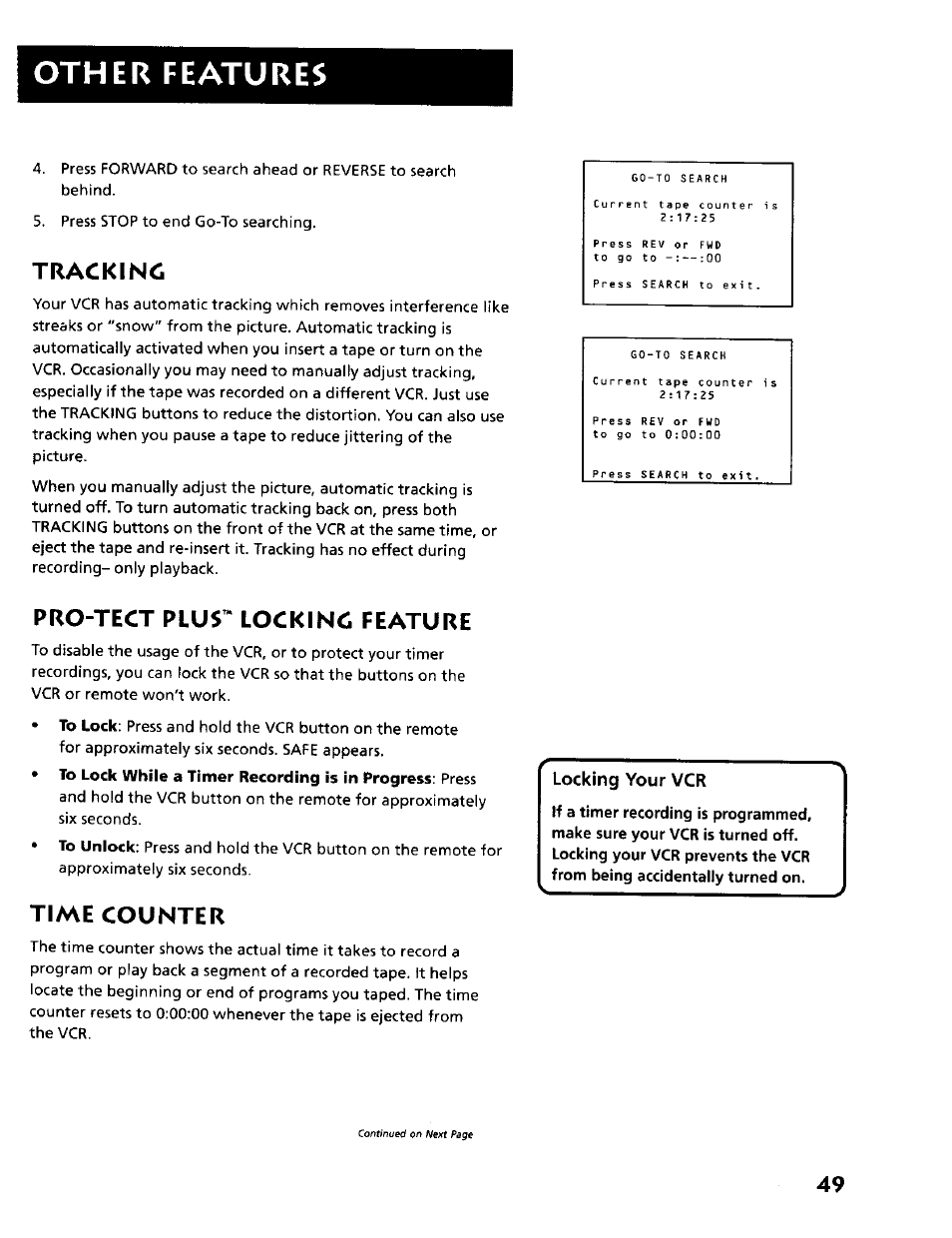 Tracking, Pro-tect plus” lockinc feature, Time counter | Pro-tect plus^“ locking feature, Other features, Locking your vcr | RCA VR634HF User Manual | Page 51 / 80