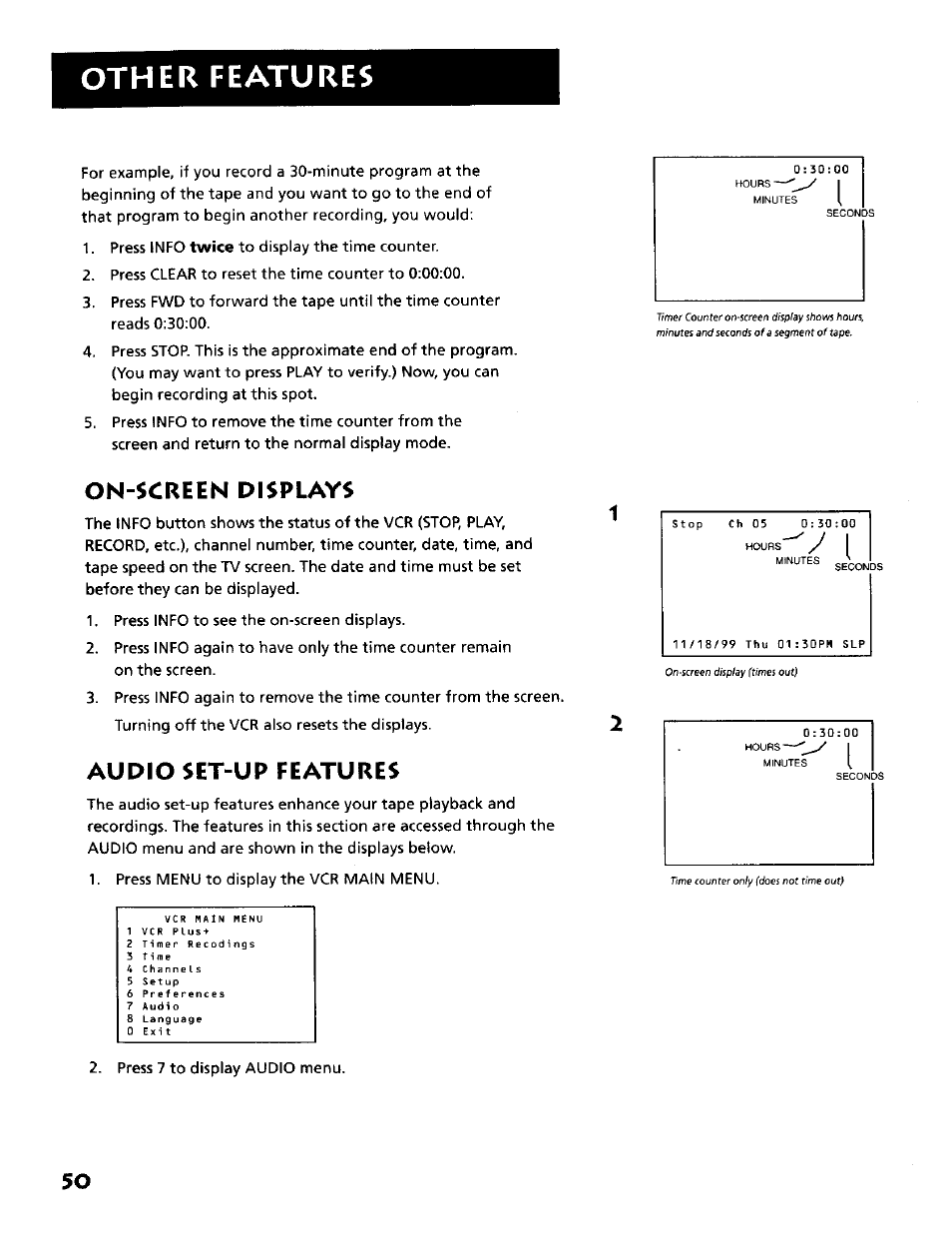 On-$creen displays, Audio set-up features, On-screen displays | Other features | RCA VR634HF User Manual | Page 52 / 80