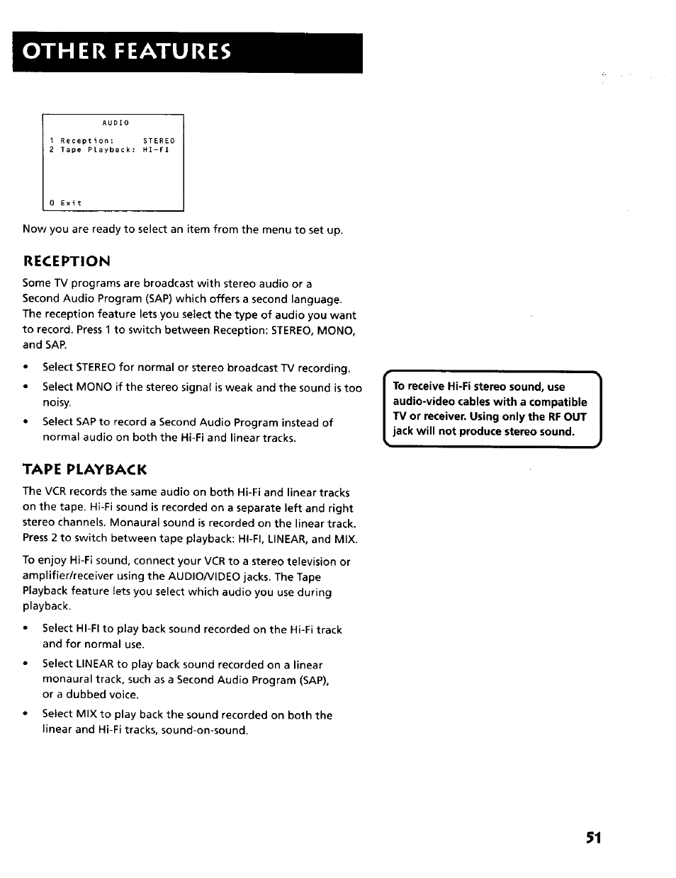 Other features, Reception, Tape playback | RCA VR634HF User Manual | Page 53 / 80