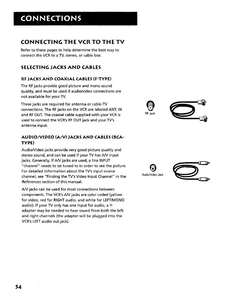 Connecting the vcr to the tv, Connections, Selecting jacks and cables | RCA VR634HF User Manual | Page 56 / 80