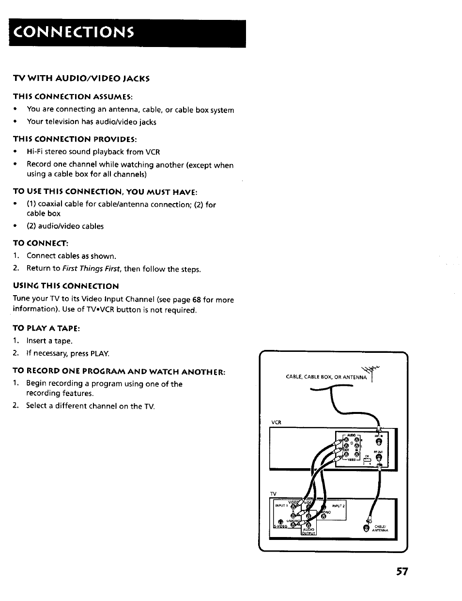 Tv with audio/video jacks this connection assumes, This connection provides, To use this connection, you must have | To connect, Usinc this connection, To play a tape, To record one procram and watch another, Connections | RCA VR634HF User Manual | Page 59 / 80