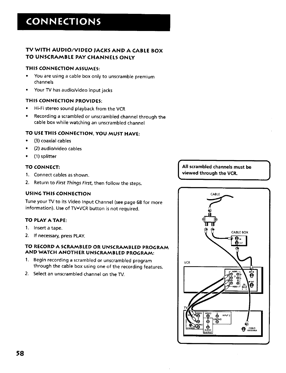 This connection assumes, This connection provides, To use this connection, you must have | To connect, Using this connection, To play a tape, Connections | RCA VR634HF User Manual | Page 60 / 80