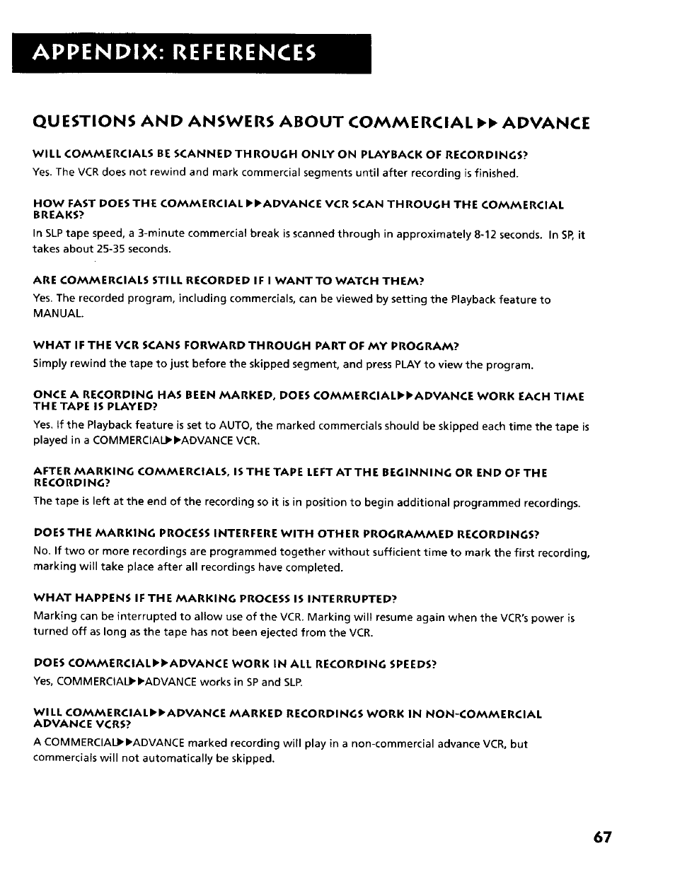 Questions and answers about commercial ►► advance, What happens if the marking process is interrupted, Appendix: references | RCA VR634HF User Manual | Page 69 / 80